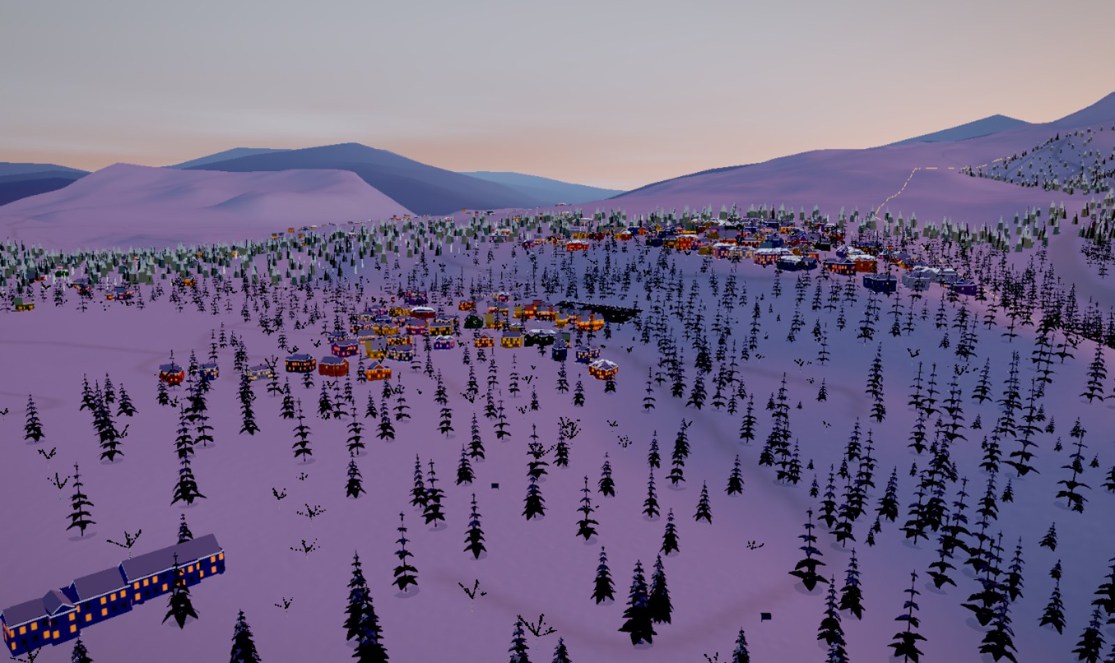 A resort village at dusk, every building placed from the survey