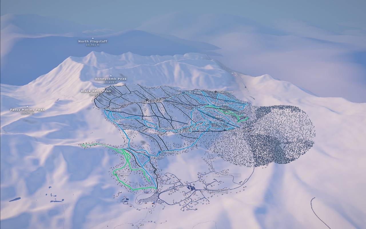 A surveyed mountain seen from above, every run and lift drawn from its survey