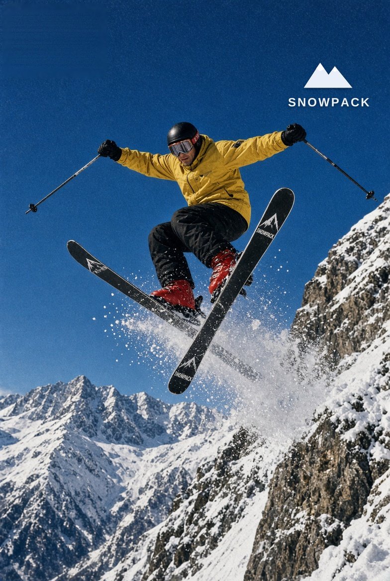 A skier mid air seen from below
