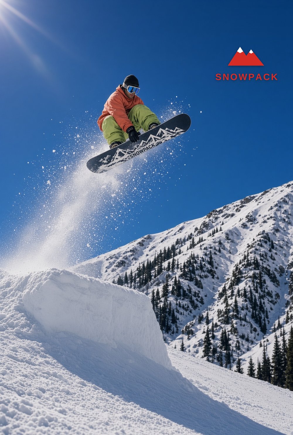 A snowboarder off a park jump above a treed ridge