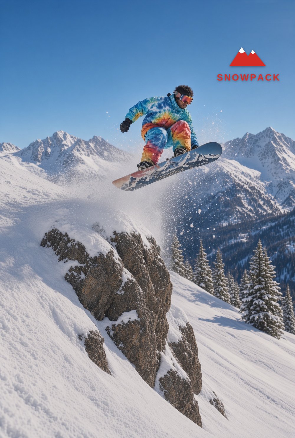 A snowboarder dropping off a rock band on a steep slope