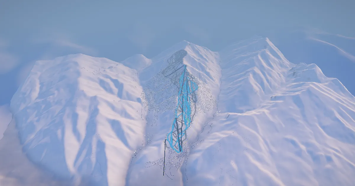 Aspen Highlands in 3D, drawn from its measured ground with its surveyed runs and lifts